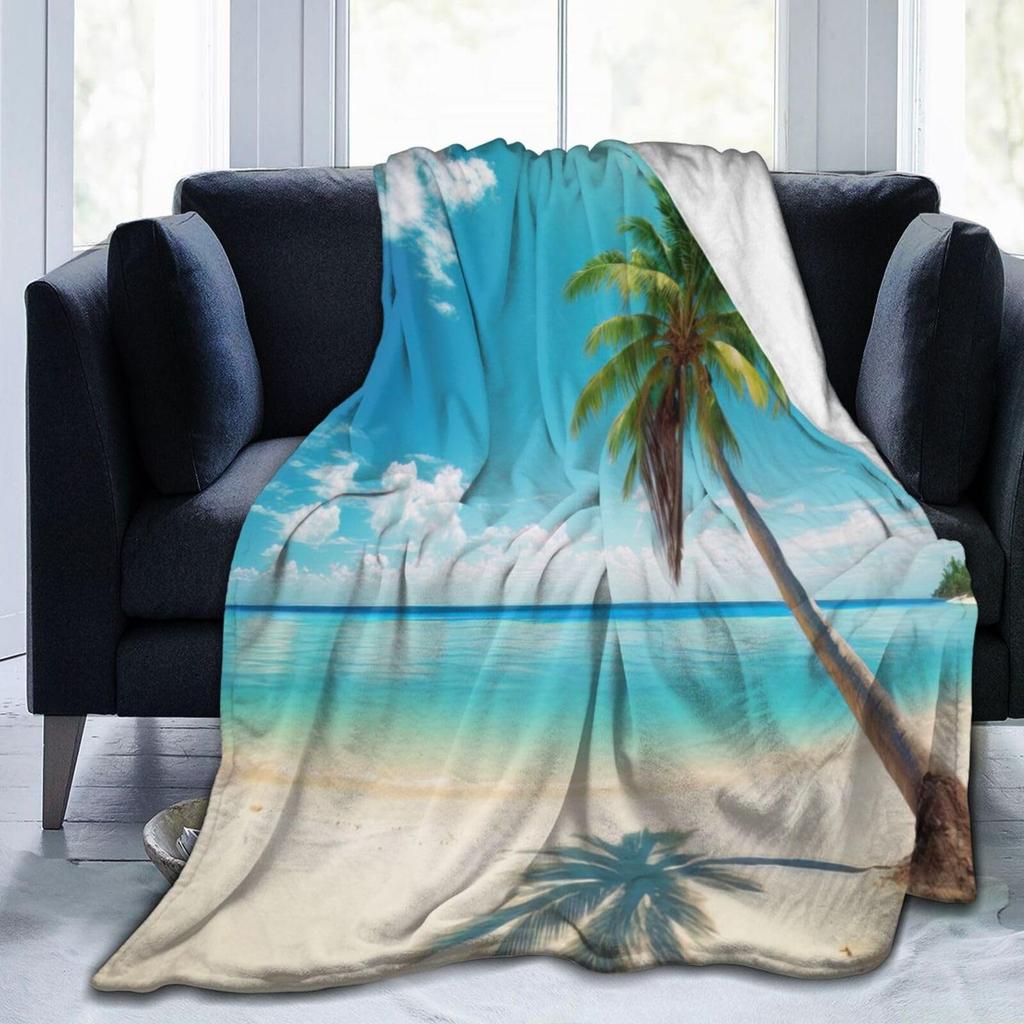 Beach Throw Blanket, Ocean Beach Theme Seashell Travel Blanket for Living Room Sofa Bed Office Soft Cozy Plush Flannel Blanket