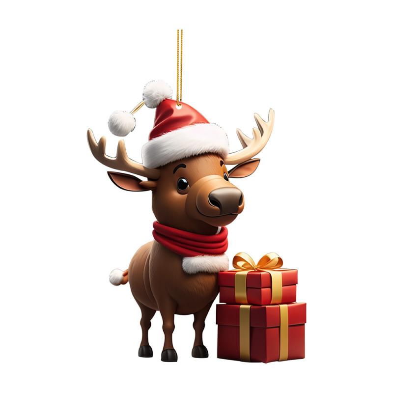 2025 Cartoon Deer Christmas Tree Pendant Christmas Party Atmosphere Cartoon Cute Santa Hat Deer Double Print Easter Decoration