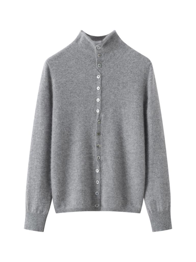 High Neck Cashmere Cardigan: Autumn/Winter Button-Up Rolled Hem Knitwear Sweater for Women.