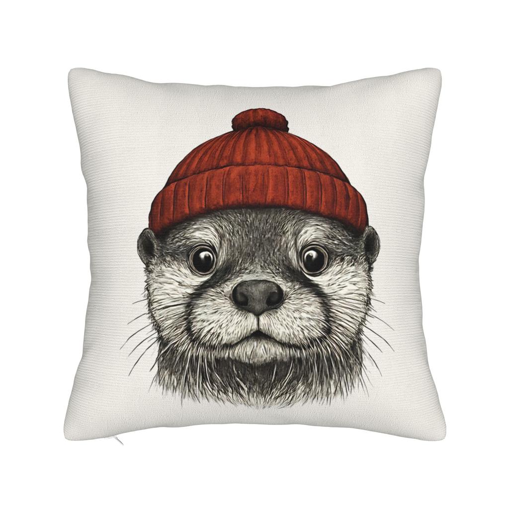 River Otter Wearing Beanie Vintage Wildlife Square Pillow Case Cushion Covers Creative Throw Pillow Case Cover for Bed