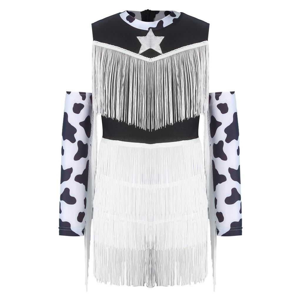 Girls Cowgirl Costume Dance Outfit Printed Sleeveless Layered Tassel Contrast Color Jumpsuit Fringed Gloves