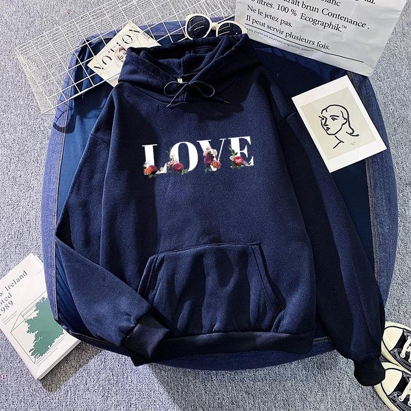 2025 Новинка Женские Худи с Капюшоном Худи с Принтом Цветок Любви Осень Зима Женская Городская Повседневная Мода Теплый Мягкий Пуловер