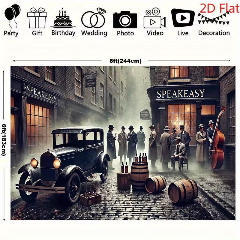 Двумерный фон для бара «Speakeasy», ретро-фон с гангстерской машиной 1920-х годов и бочкой виски для украшения вечеринки