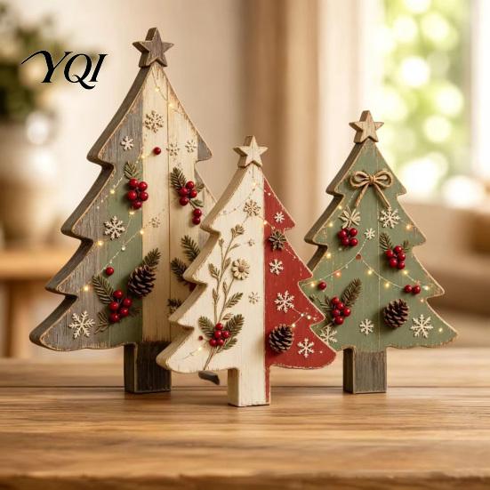 Stable Wood Base Ornament Decor 3Pcs/Set Christmas Wooden Ornaments, Rustic Gingerbread Man Tree Tiered Tray Freestanding Farmhouse Ornaments