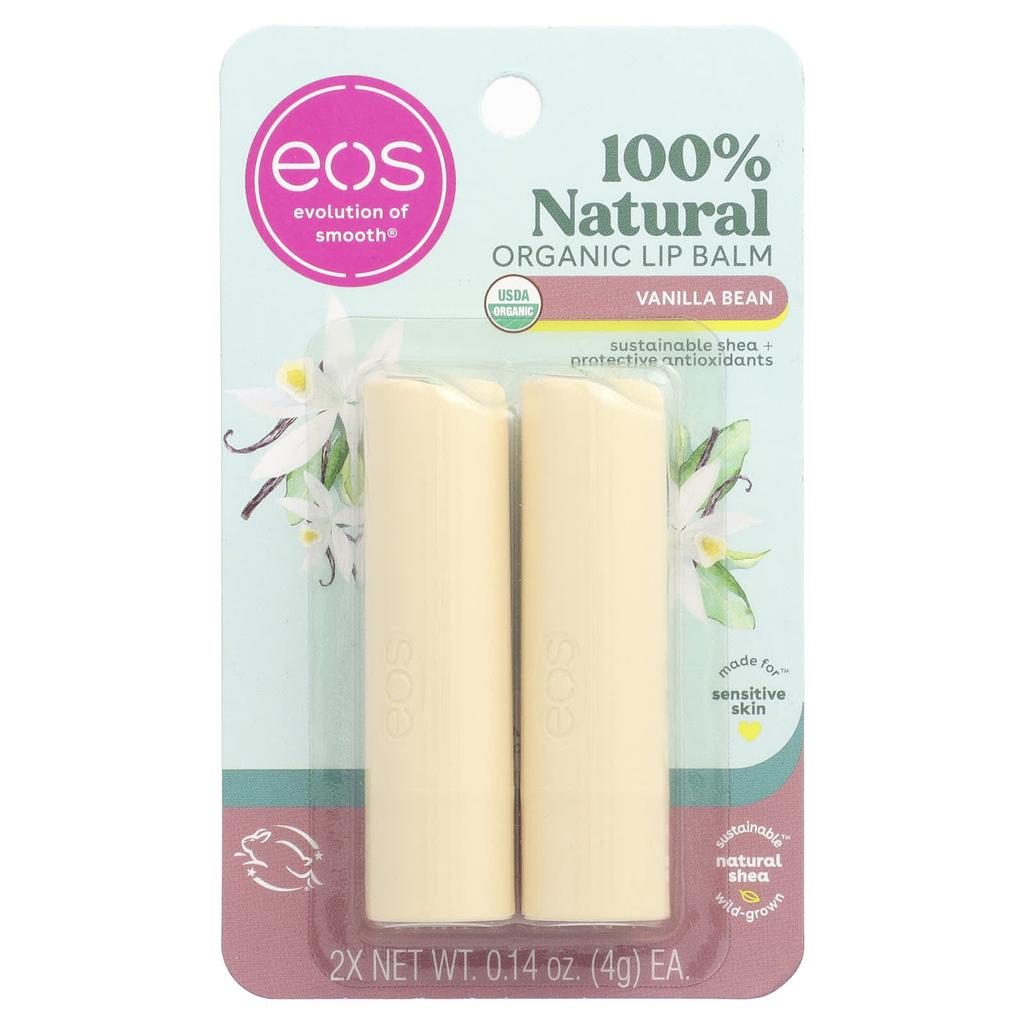 EOS, органический 100% натуральный бальзам для губ с маслом ши, стручок ванили, 2 упаковки, 4 г (0,14 унции) за упаковку