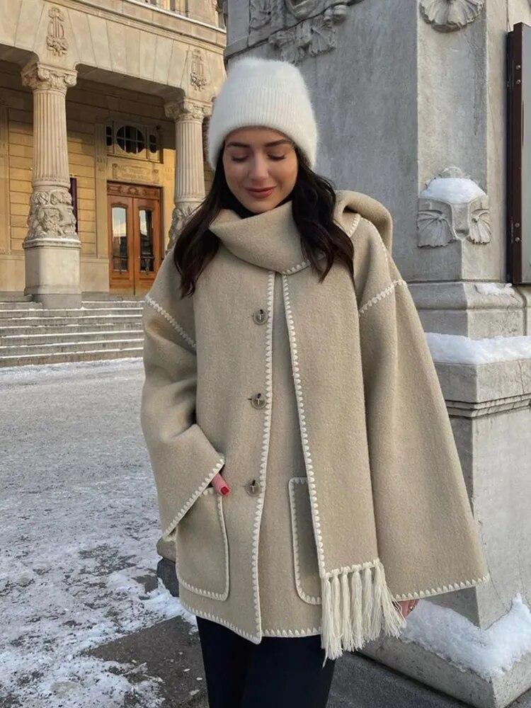 Шерстяная куртка женская осенняя лоскутная шарф с кисточками однобортное пальто с карманами повседневная мода свободный топ с длинным рукавом уличная одежда