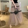Korean Polka Dot Mesh A-line Skirts Women Summer Long Elegant Tulle Skirts Loose Casual Black Coffee Gauze Cake Skirt