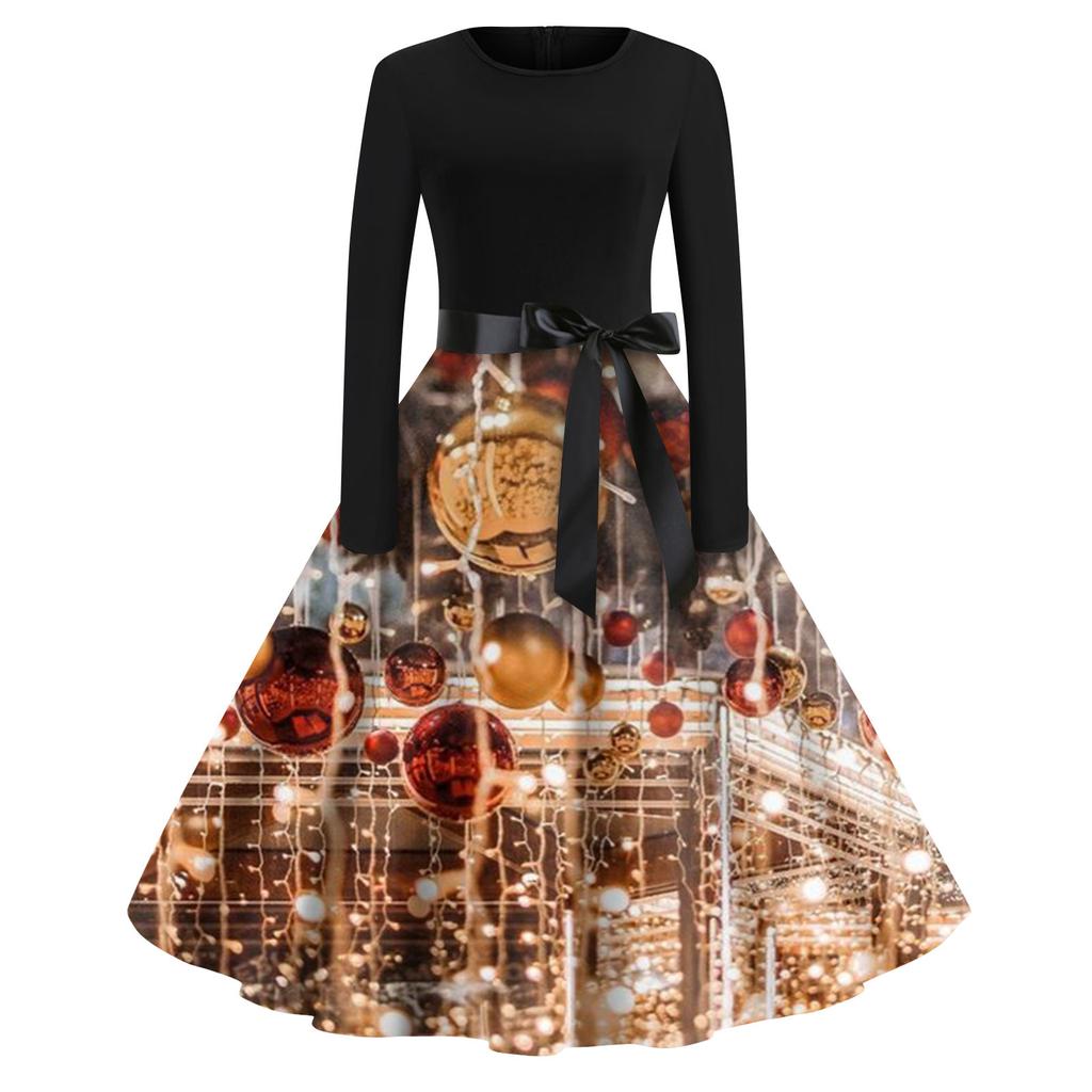 Женская мода с круглым вырезом, повседневные тонкие рождественские платья с длинным рукавом и принтом