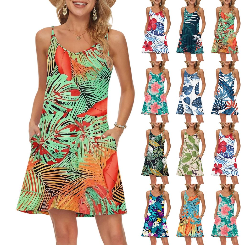 Women's Fashion Casual Beach Dresses Vintage Floral Printed With Pockets Dresses