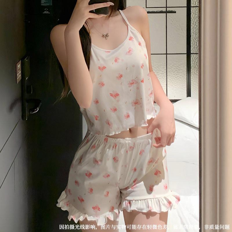 Summer new European and American suspender shorts set sexy flower women's home pajamas outer order