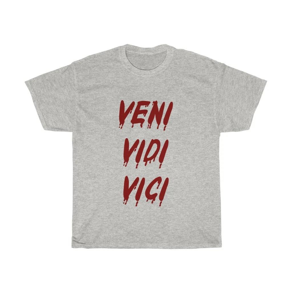 Veni Vidi Vici, Унисекс Футболка из Плотного Хлопка, Шрифт с Капающей Кровью, Геймер, Цезарь
