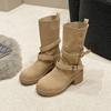 2024 Hot Sale Women's Shoes Slip-on Women's Boots Fashion Belt Buckle Modern Boots Women Winter Rivet Round Head Mid-Calf Boots