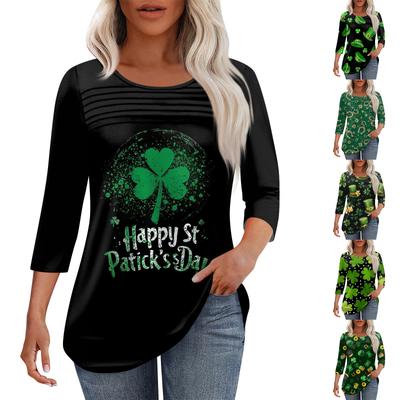 Женская мода круглый вырез шея плиссированная передняя планка однотонный топ рукав 3/4