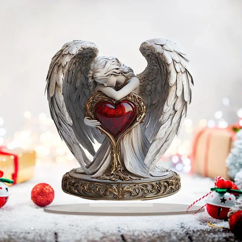 7.1X6.5 Inches Boho Style Acrylic Angel With Heart Desk Ornament With Stand Ideal For Home, Christmas & Valentine'S Day Gift