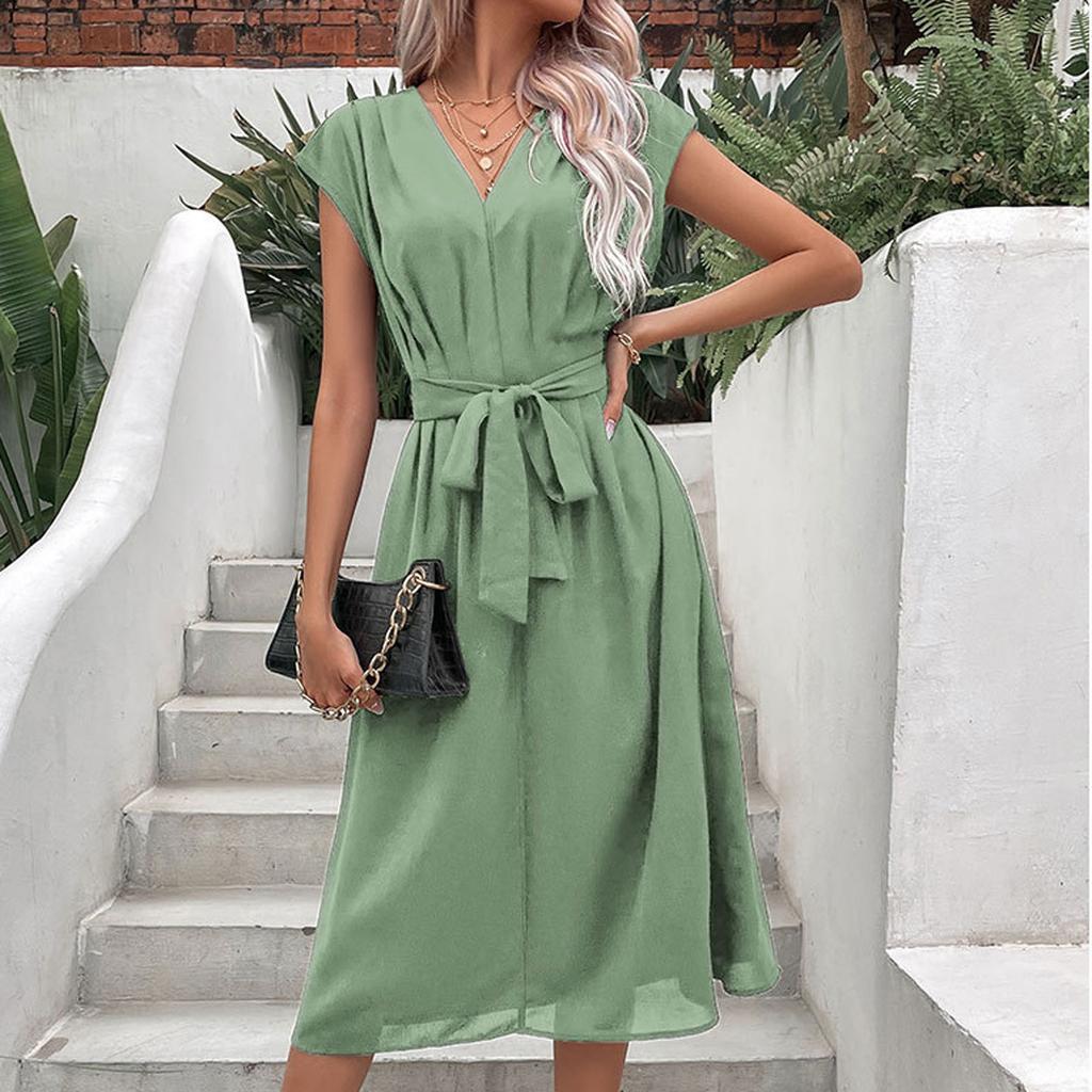 Women's Loose Casual V-Neck Belt Solid Color Dress Fashionable Dress Fashionable Dress