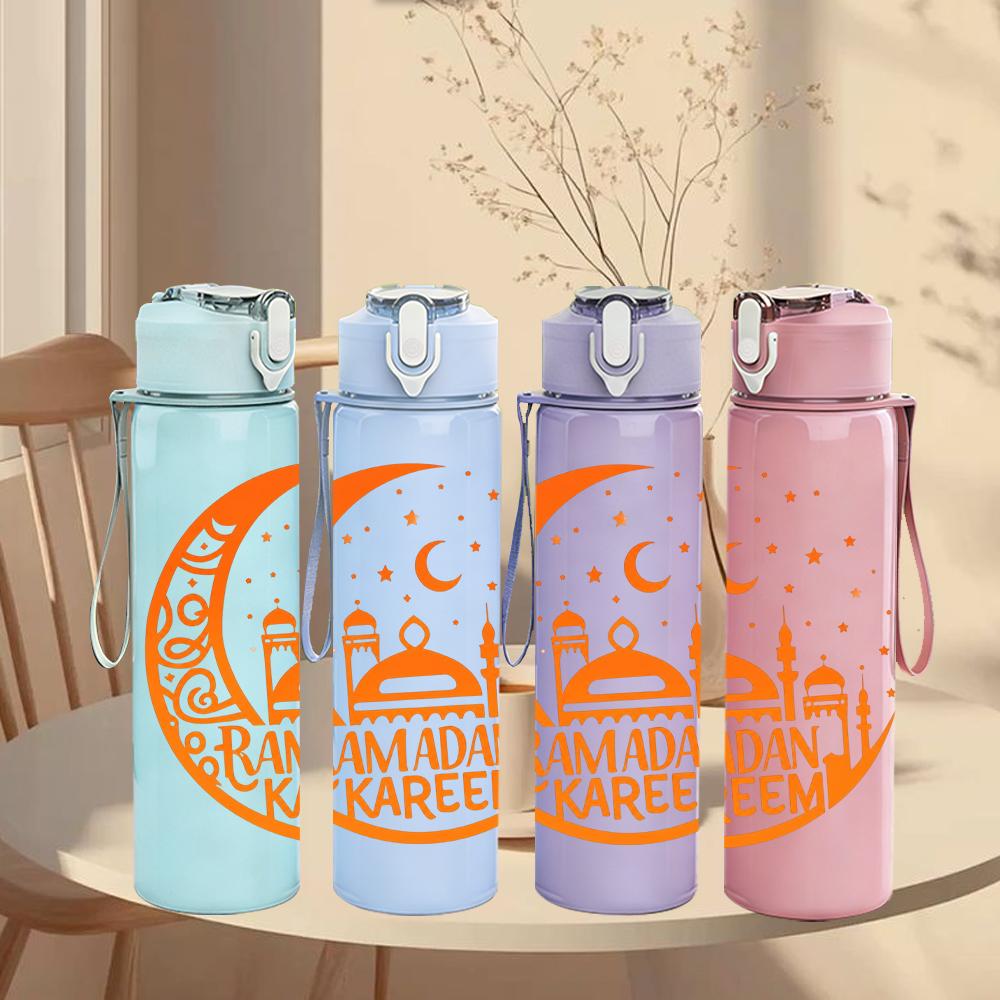 1PC Ramadan Orange Crescent Moon Print 750ml Color Plastic Water Bottle Leakproof Flip Straw Lid For Sports Office Home Use