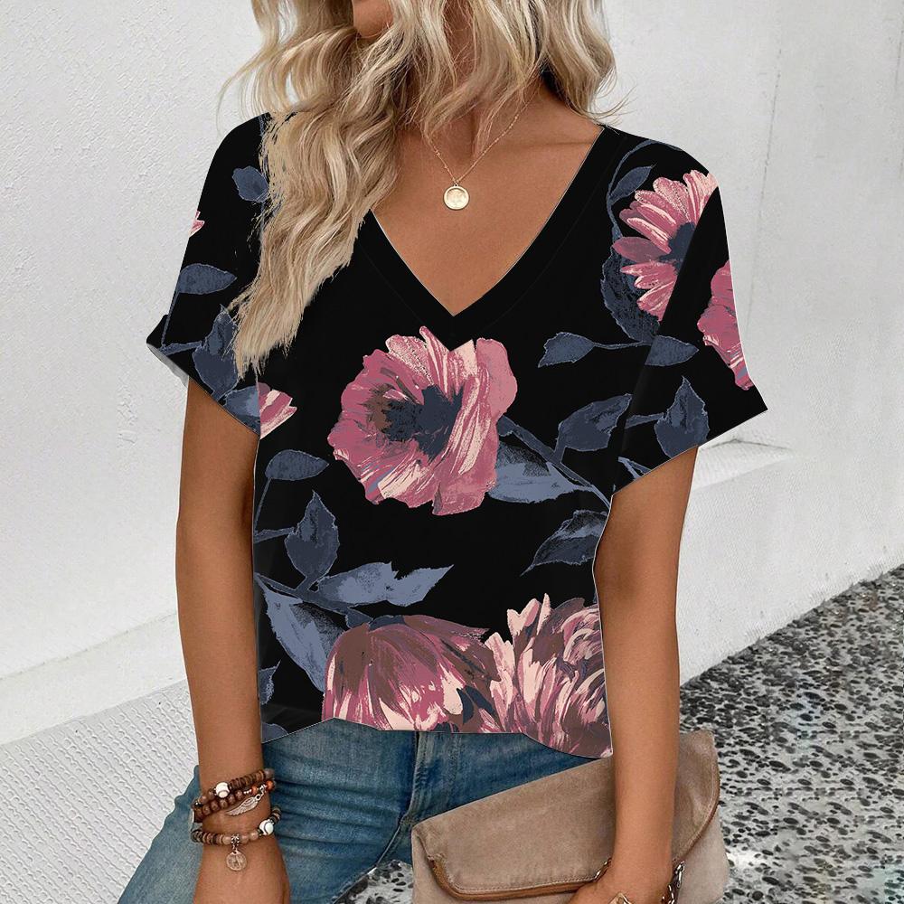 Футболка с V-образным вырезом для лета Женская футболка с ретро-цветочным принтом Модная футболка с принтом Элегантная футболка с короткими рукавами