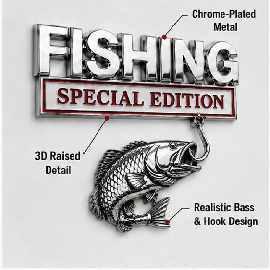 Fishing Special Edition Premium 3D Metal Vehicle Emblem Badge, Bass Fish Hook Design, Auto Decal for Truck SUV, Anglers, Self-Adhesive Exterior