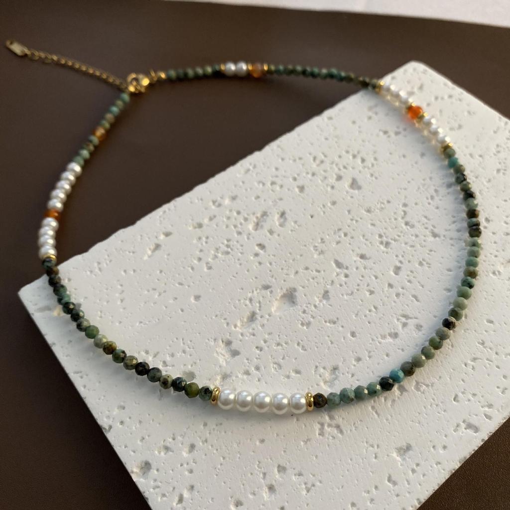 Набор ручной работы из титановой стали и жемчужных бус: ожерелье и браслет-чокер