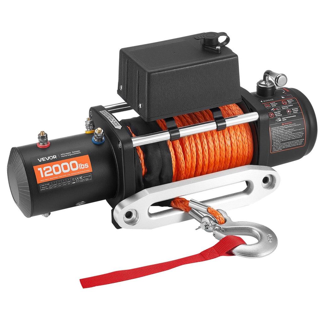 Electric Winch, 5400 kg Load Capacity, 12V DC Truck Winch with 9.1 mm x 23 m Synthetic Rope, Wireless & Wired Remote Control, IP55 Waterproof for