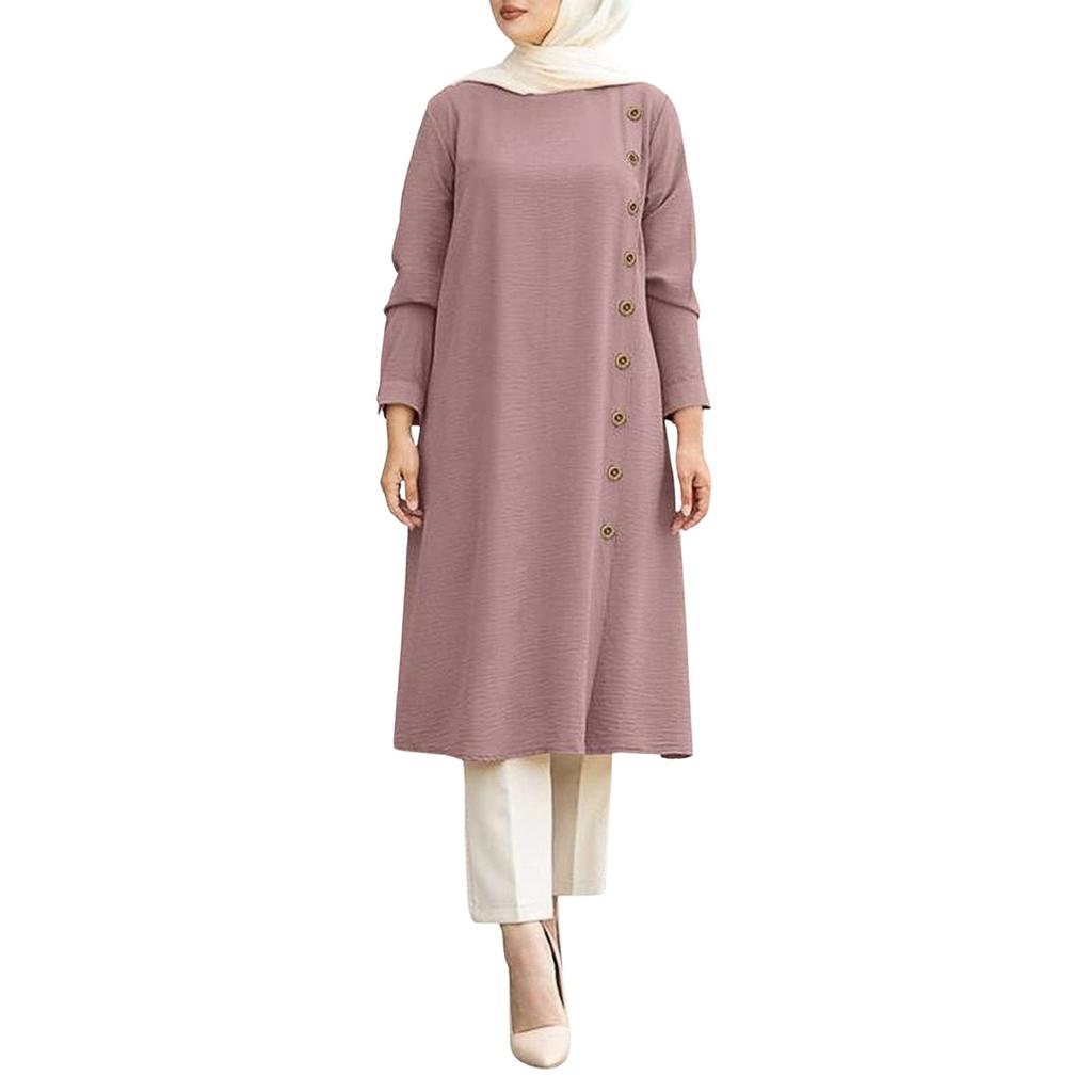 Muslim Loose Casual Long Sleeve Button Embellished Women's Long Sleeve Shirt Dresses