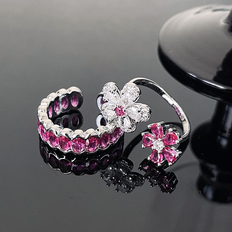 Niche Design Colored Treasure Cherry Blossom Pink Zircon Flower Opening Ring Sweet Princess Wind Stacked Ring