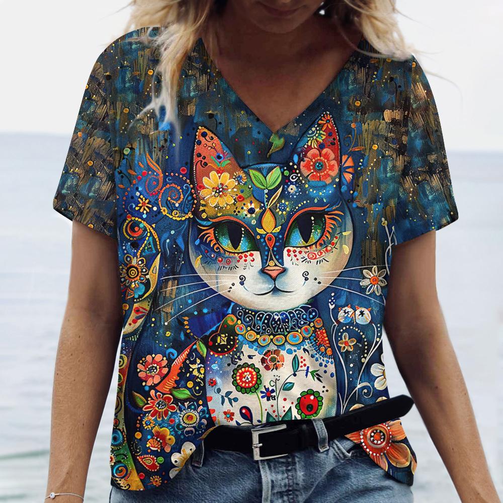 Летние женские футболки с мультяшным котом, винтажные топы с коротким рукавом, футболки с V-образным вырезом для девочек, женская одежда, свободный свитер