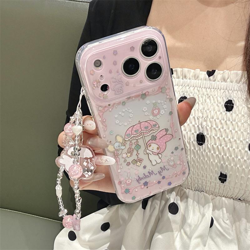 New My Melody Kawaii Glitter Phone Case With Wrist Strap For iPhone 15 16 17 Pro Max INS Pink Cute Shockproof Protective Cover