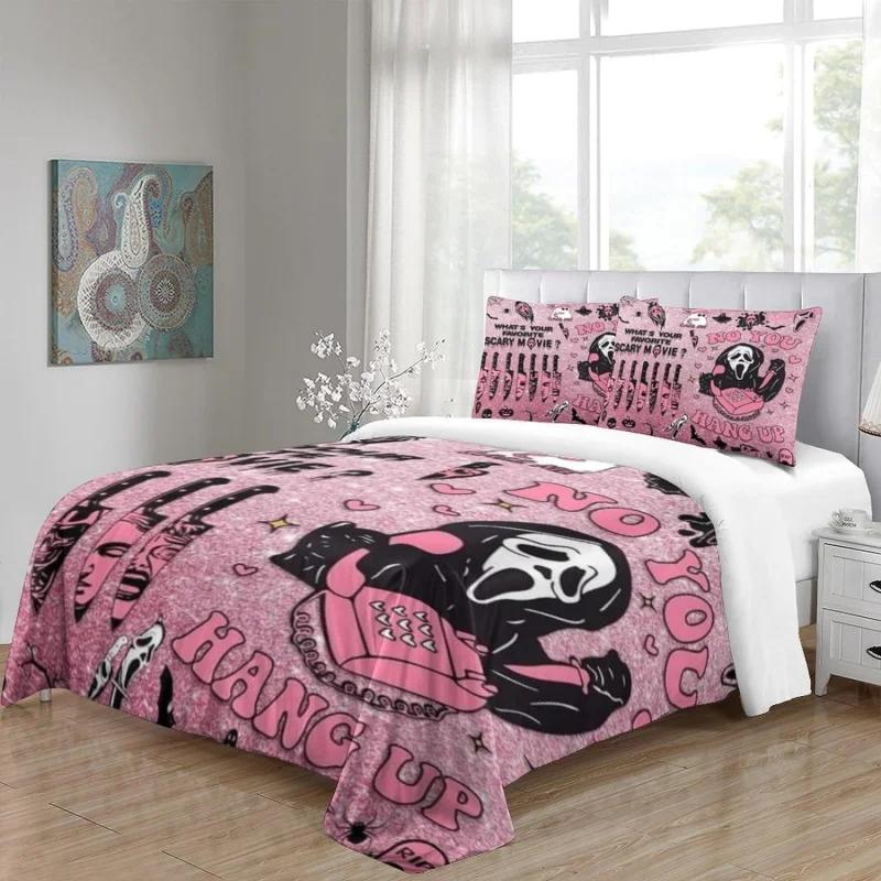 Halloween Bedding Set 3/4-pcs Pink Cartoon Skeleton Duvet Set Funny Horror Ghost 2 Pillowcases,1 Bed Sheet And 1 Duvet Cover