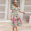 Summer Women's V-Neck Printed Dress A-Line Skirt