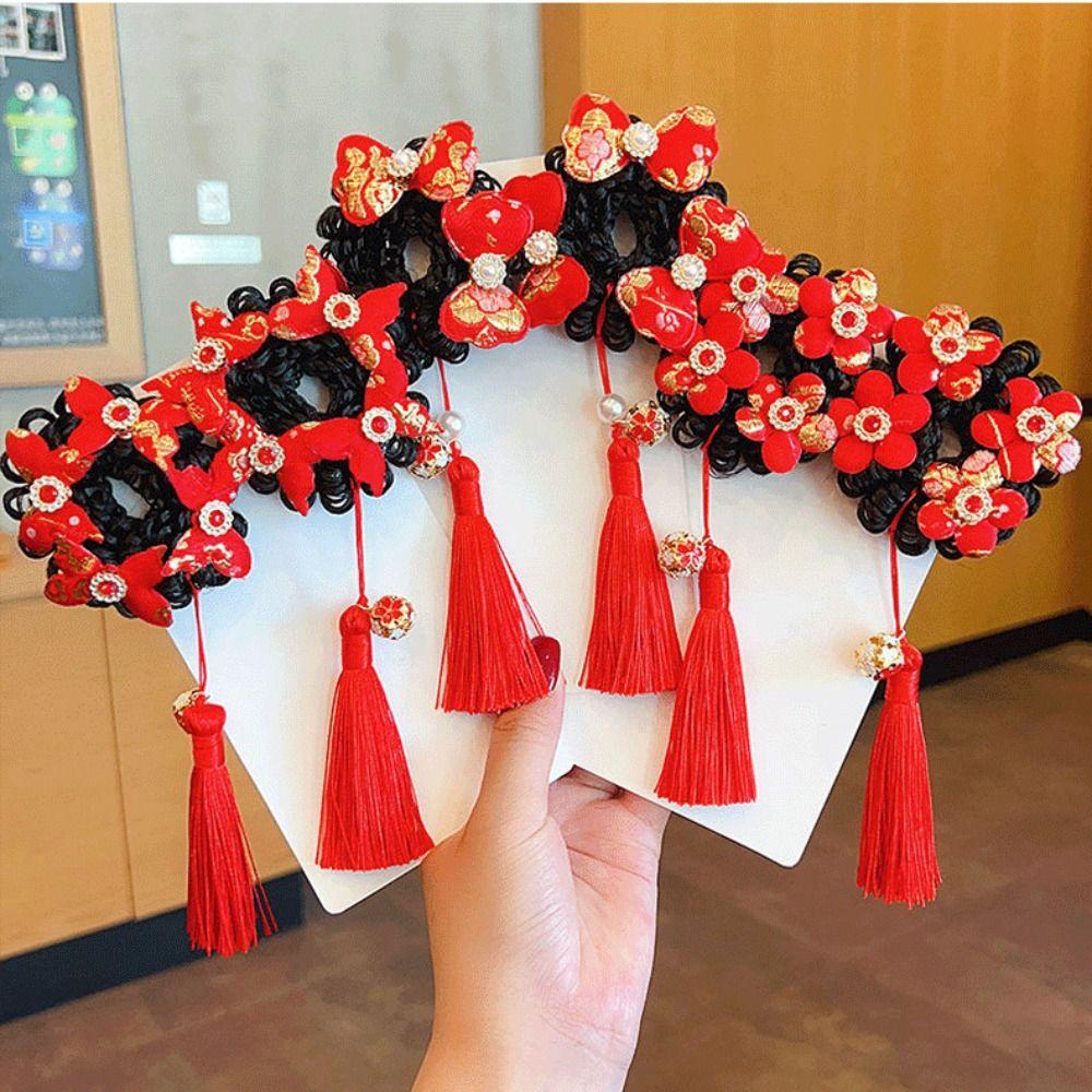 Flower Children Hanfu Hair Ring Red Ancient Style Scrunchines Bow Wig Braid Hair Rope  Baby