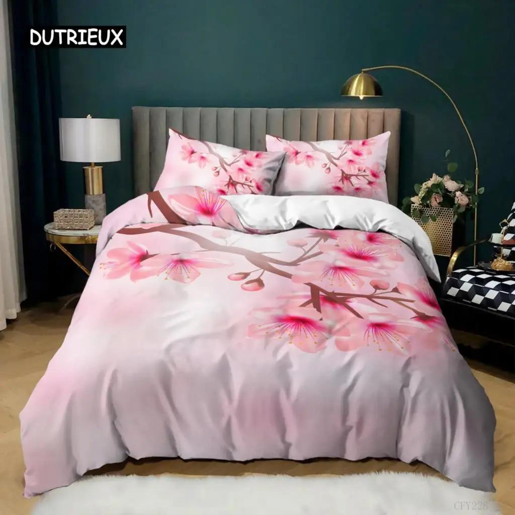 Plum Blossom Duvet Cover Collection King Pink Flower Quilt Cover For Girls Microfiber Branches Printed Bedding Collection