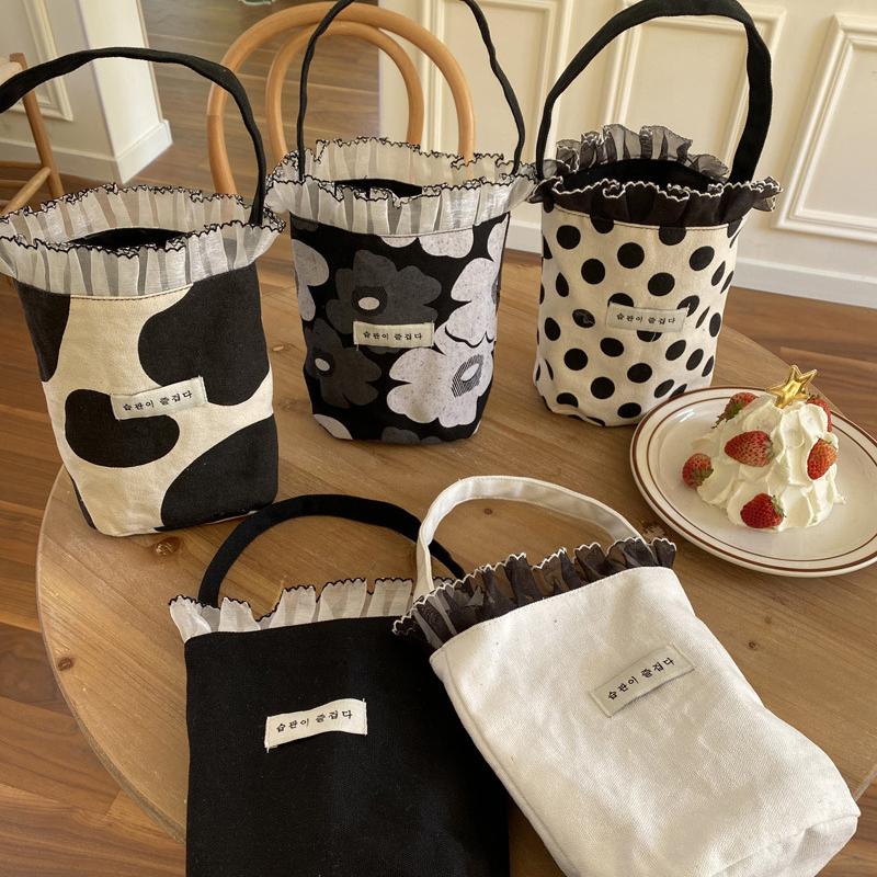 Корейский стиль кружева холст сумка милый сладкий темперамент сумки-ведра портативный пикник сумка для женщин девочек студент ланч сумка