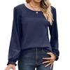 Women Tops Round Neck Puff Long Sleeve Solid Color Tee Shirt with Waffle Decoration Solid Color Loose Fit T-shirt