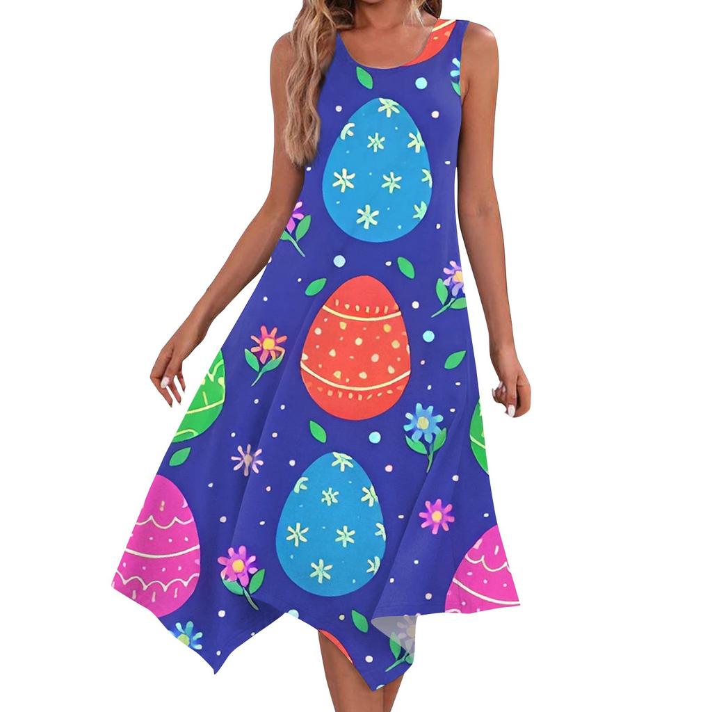 Women's Casual Fashion Round Neck Sleeveless Easter  Print Irregular Hem Midi Dress