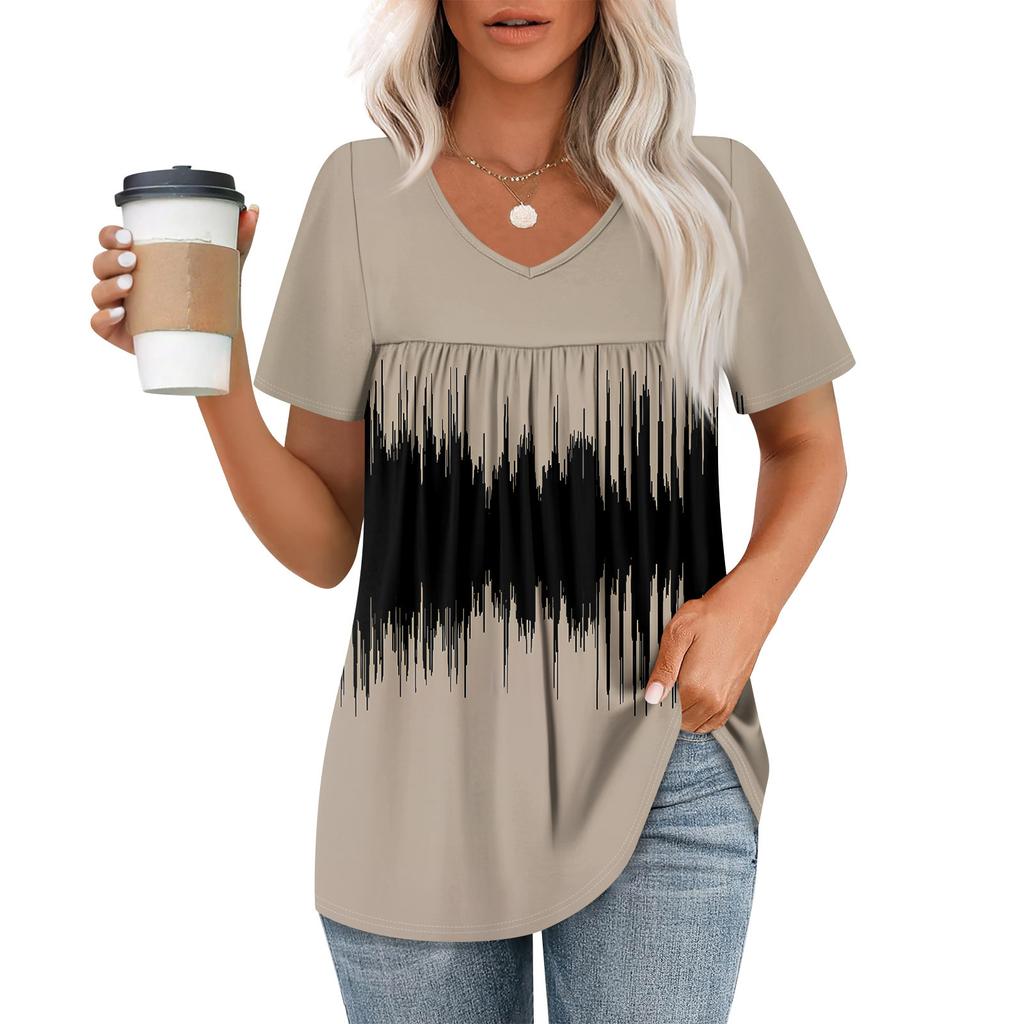 Women's Casual V-Neck Short Sleeve Chest Ruffle Printed Top