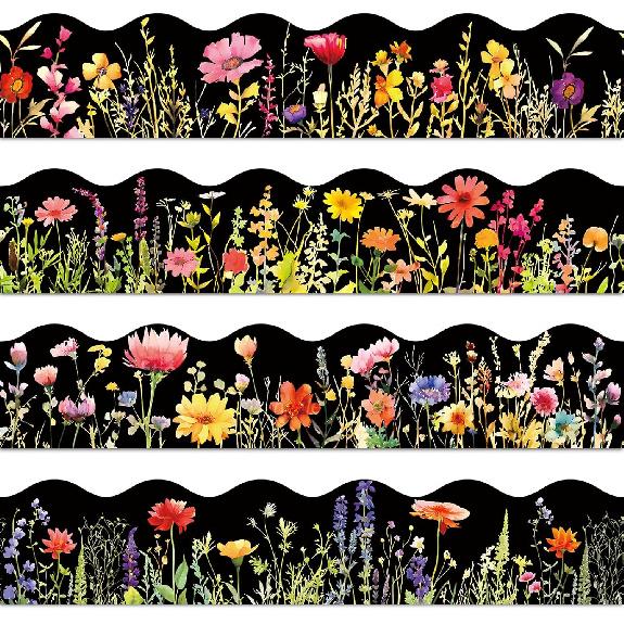 60 Pcs Floral Bulletin Board Borders Black Wild Flower Scalloped Self-Adhesive Border Trim Sticker Decals for Home Classroom Spring Party Wall