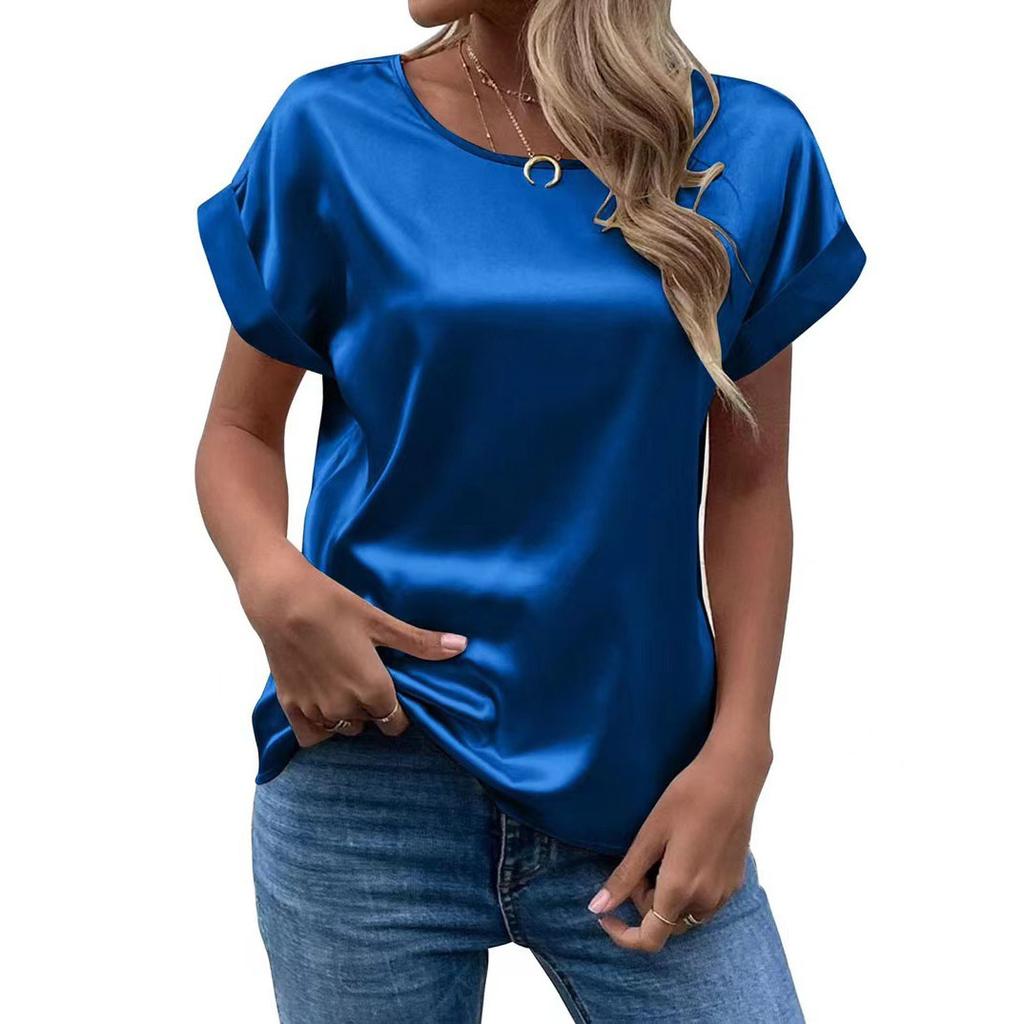 Spring and Summer New Women's Short Sleeve Satin Shirt Loose Casual Round Neck Colored Ding T-shirt Women