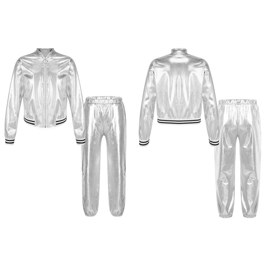 Kids Girls Metallic Long Sleeve Stand Collar Zipper Jacket with High Waist Pants for Sports Workout