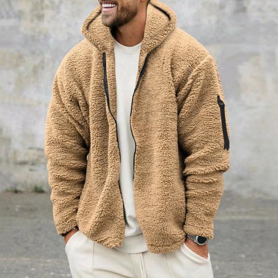 Men Fall Winter Coat Thick Plush Hooded Long Sleeve Zipper Closure Loose Cardigan Warm Cold Resistant Solid Color Soft Pockets Mid Length Men Jacket