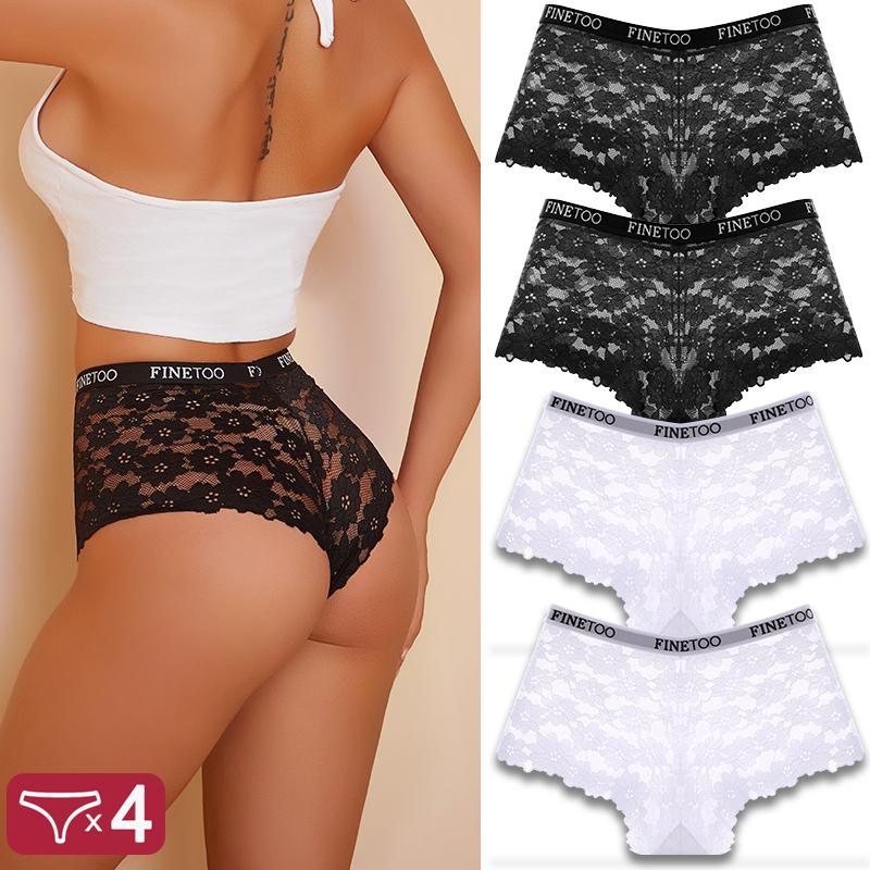 4Pcs Women Lace Floral Boyshorts Sexy Hollow Out Panties Low Waist FINETOO Briefs Female Stretch BoxerShort Lingerie Transparent