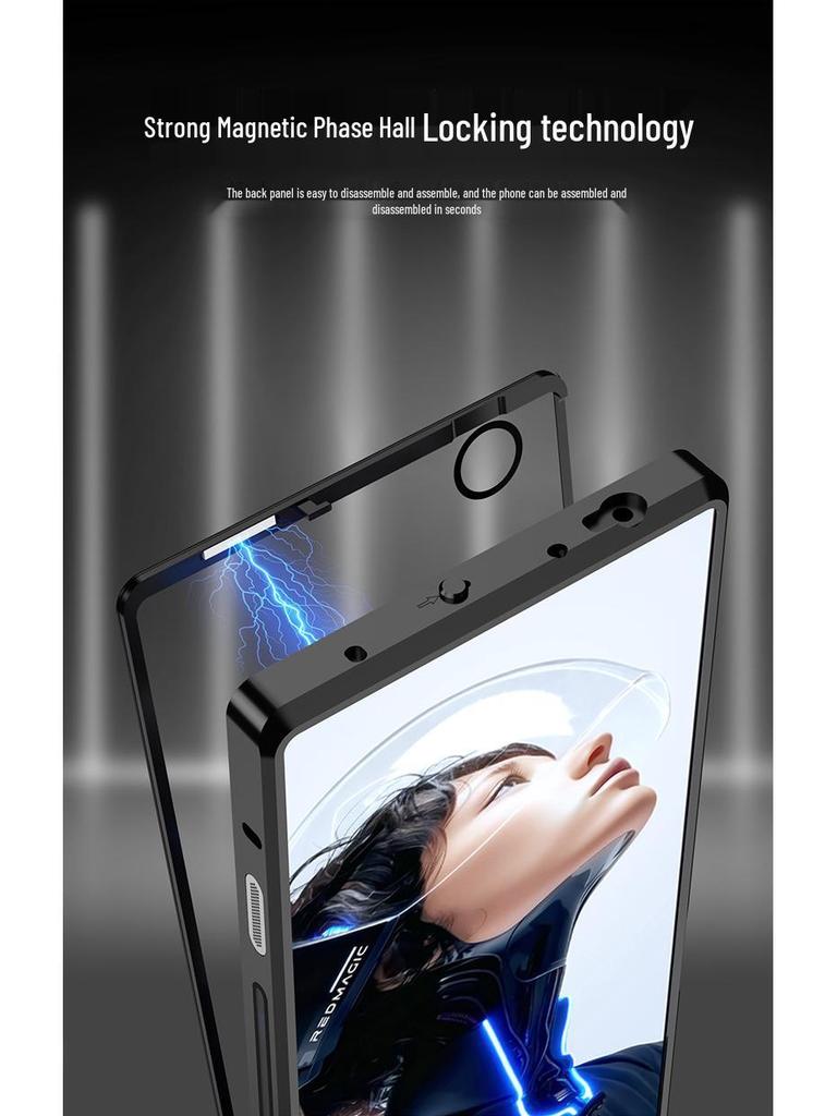 Совместимый с Red Magic 11 Pro Защелкивающийся чехол для телефона с металлическим каркасом и стеклянной задней панелью.