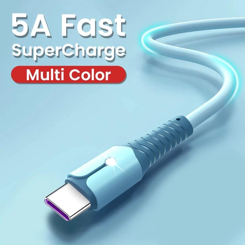 Прочный кабель USB Type C с быстрой зарядкой 5A и материалом из жидкого мягкого геля для Huawei, Xiaomi, POCO и Samsung