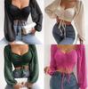 Ladies Blusas Summer Short Tshirt Woman Clothes Long Sleeve T Shirt Sexy V-neck Women T Shirt Casual Drawstring Crop Tops Tee