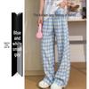 Petite Blue & White Checkered High Waist Summer Pants - Women's Casual Straight Leg Stroll Style
