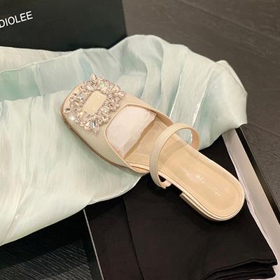 2025 лето новый страз квадратная пряжка мелкая горловина сумка голова толстый каблук полушлепанцы сандалии женская обувь пустые сандалии женские