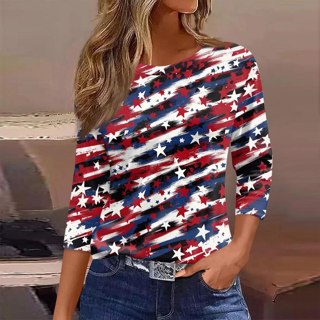 Women’s Long Sleeve Crewneck Top with Printed Star and Stripe Pattern Casual Loose Fit Pullover Shirt for Everyday Wear