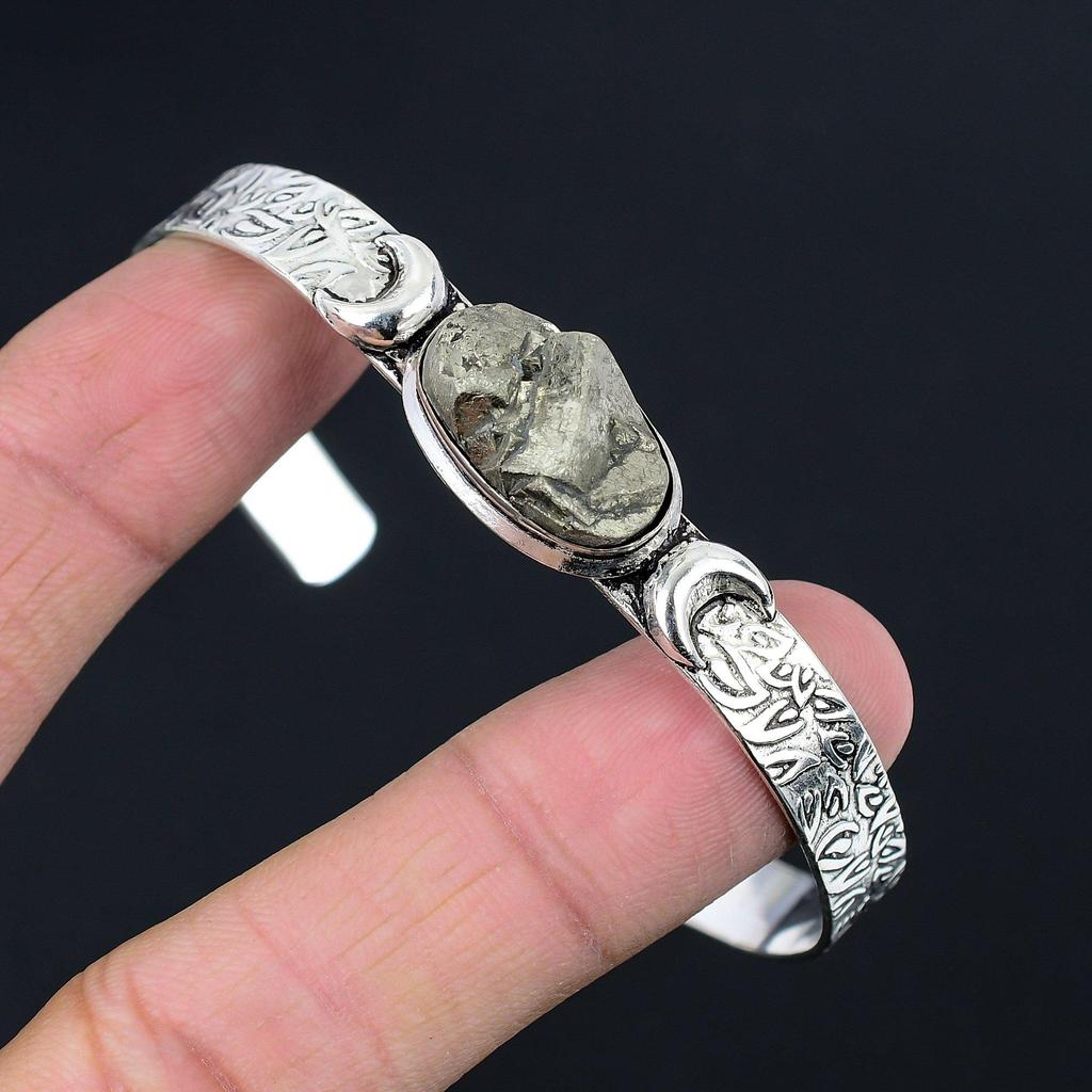 Распродажа ко Дню сестер Браслет-полумесяц с пиритовым друзовым драгоценным камнем из стерлингового серебра 925 пробы