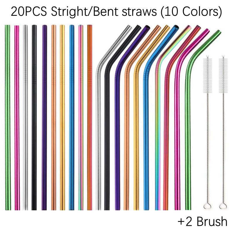 6*215mm 10 Colors Eco-friendly Reusable Metal Straws Set 304 Stainless Steel Drinking Straw Cocktail Party Favor Bar Accessory