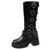 Platform Combat Boots Zip Chuny Heel Buckle Vintage Fashion Casual Luxury Designer Western Mid Calf  Boots  Shoes  Woman